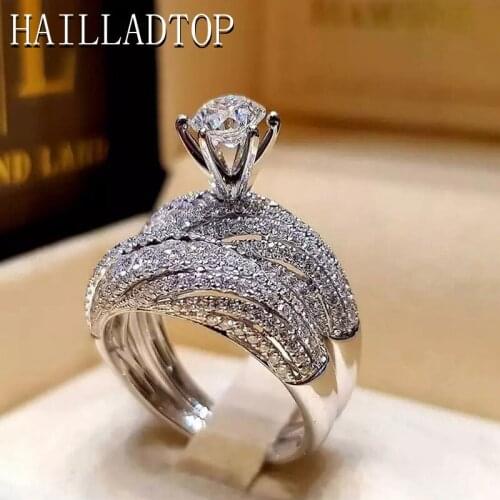 2Pcs/set Lovers Ring Crystal Round Ring Set Luxury Wedding Lady Finger Jewelry Exquisite Carving Gift AAA Big Zircon Stone Inla