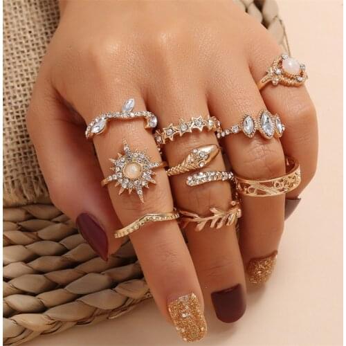 9 Pcs/Set Women Rings Set Vintage Crystal Star Sun Snake Leaf Joint Ring Bohemian Fashion Beach Jewelry Accessories
