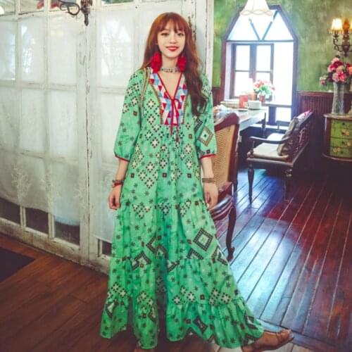 Summer new Thai national wind Nepal retro printing loose fashion long dress bohemian beach dress Korean version was thin dress