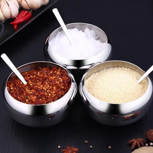 Stainless Steel Sugar Salt Bowl Kitchen Seasoning Pot Container with Lid Spoon