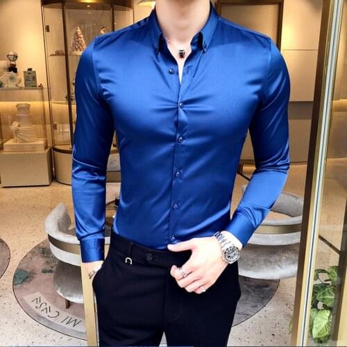 Mens Shirt High Quality Long-sleeved Casual Slim Mens Solid Color Formal Shirt Collar Embroidery Business Social Clothing