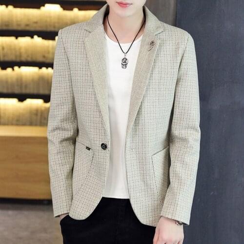2021 Mens Spring Slim Fit Handsome Casual Woolen blazer Versatile Fashion Fine Plaid Single Button blazer men