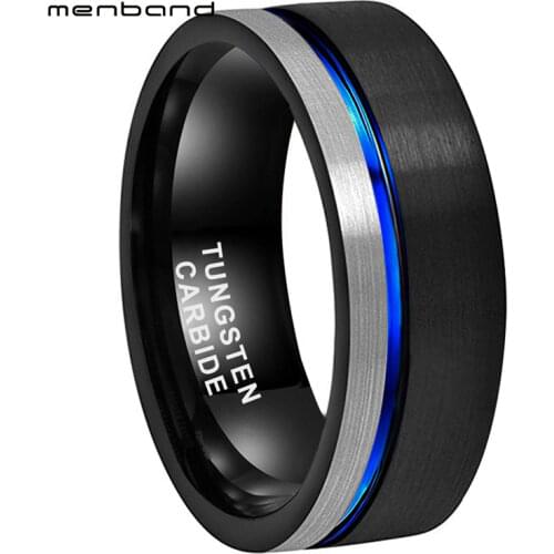 Black Blue Tungsten Wedding Ring For Men And Women Flat Band And Offset Groove Finish 8MM Comfort Fit
