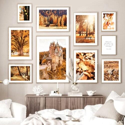 Autumn Pumpkin Maple Leaf Pine Forest Castle Squirrel Nordic Style Wall Art Canvas Painting Posters And Prints Living Room Decor