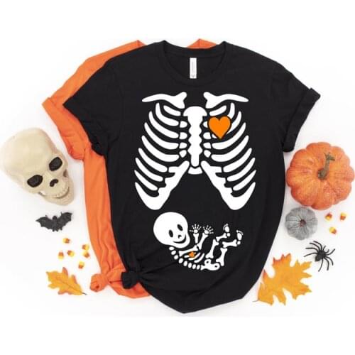 Skeleton Maternity Halloween pregnancy shirt halloween maternity Short Sleeve 100% Cotton Top Tee Funny Letter O Neck shirt y2k