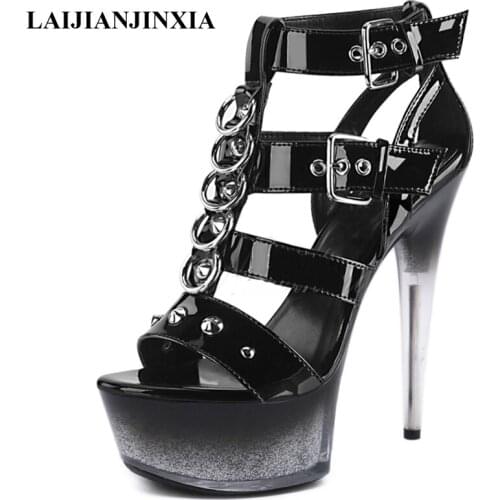 15 Cm Super High Heeled Shoes Thick Platform Open Toe Roman Hollow 6 Inches Stiletto Nightclub Pole Dancing Shoes Lady Sandals