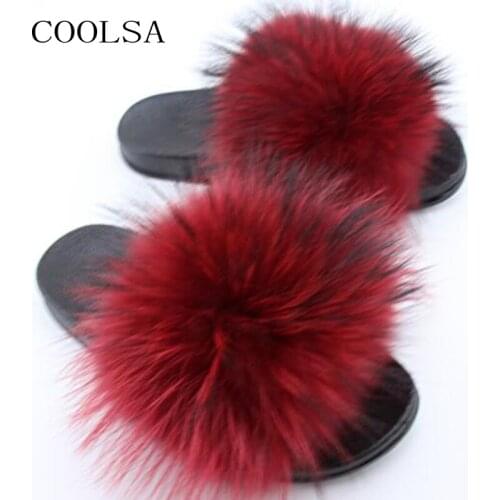 COOLSA Womens Winter Plush Slippers Indoor PVC Warm Raccoon Fur Slippers Ladies Furry Slippers Flip Flops Women Fur Slides Big