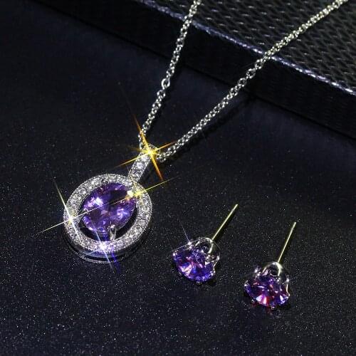 YaYI Jewelry Natural Gemstones Amethyst Zirconia Silver Color Wedding Party Little Heart Necklace Earrings Set Pendant Gift