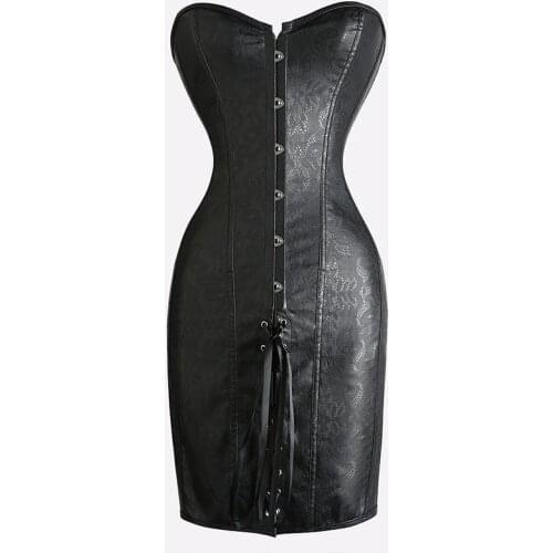 Womens Victorian Gothic Steampunk Corset Dress Lace Up Black PU Faux Leather Strapless Retro Overbust Bustier Corset Waist Slim