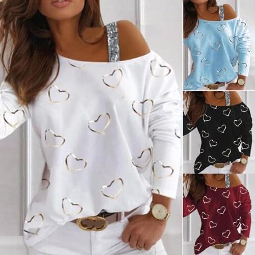 2021 New Autumn Women Sexy Casual Sequined Heart Print Fashion Pullover Long Sleeve T-shirt Loose Off Shoulder Elegant Shirt Top