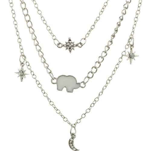 New fashion multi-layered necklace moon stars elephant pendant necklace Bohemian Necklace Women Bijoux