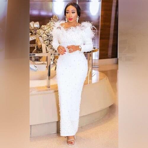 Elegant White Beading Maxi Wedding Party Dress Women Off Shoulder Long Sleeve Bodycobn Feathers Bodycon Dress Vestidos Wholesale