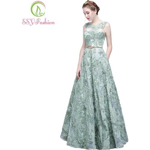The Banquet Elegant Evening Dress SSYFashion New Fresh Green Lace Sleeveless Floor-length Prom Party Formal Gown Robe De Soiree