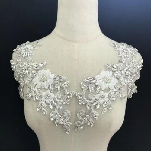 1pair Rhinestone bead applique, crystal bodice patch, heavy bead handmade rhinestone applique for bridal shoulder embellishment