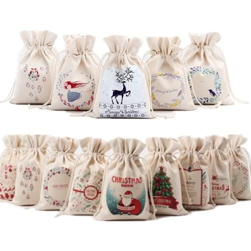 1PC New Year Christmas Candy Bag Santa Claus Drawstring Canvas Sack Tableware Rustic Vintage Stockings Gift Bag