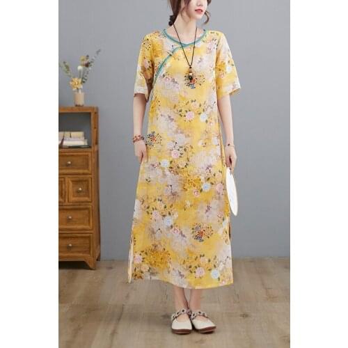 2021 chinese traditional dress long qipao modern cotton and linen cheongsam elegant large size party costume summer casual dress