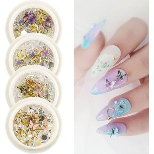 1 Box 3D Mixed Size Nail Rhinestone Butterfly Dried Flower Metal Design Variety Shiny Rhinestone Nail Art Decoration Accessories