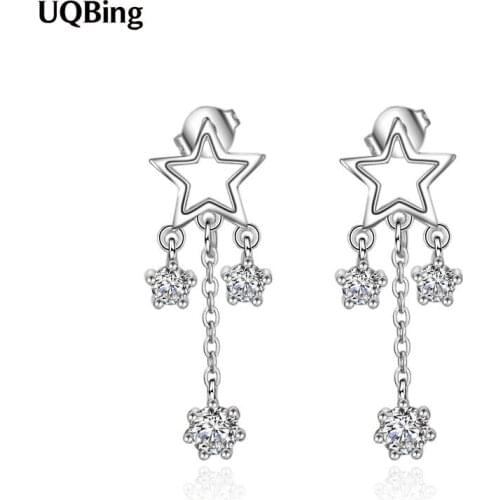 925 Sterling Silver Simple Mosaic Zircon Hollow Star Tassel Earring For Women Gift Brincos Oorbellen