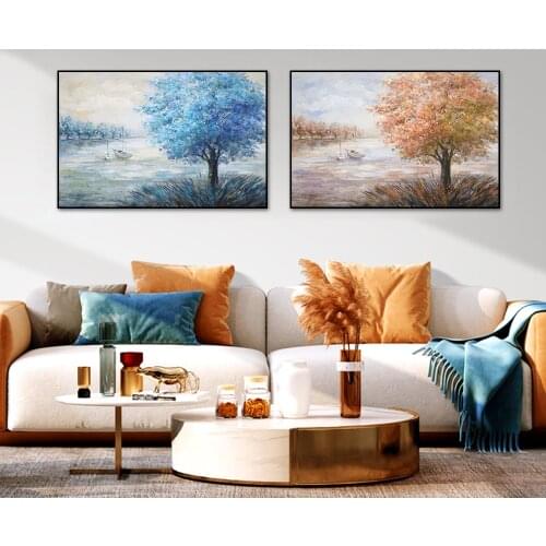 Abstract 3D Pink Blue Yellow Trees Boat Canvas Painting Landscape Posters And Prints Wall Art For Living Room Bedroom Decor
