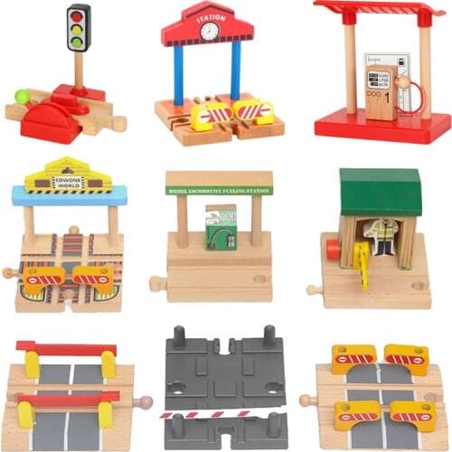 Beech Wooden Train Track Parts Roadblock Gas Station Wood Tracks Accessories Fit For Wooden Railway Tracks Toys For Kids