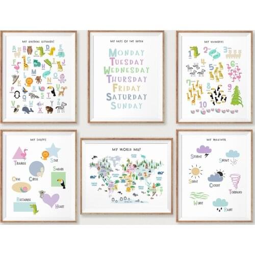 Baby Poster My World Map Woodland Animal Poster Nursery Print Cartoon Wall Art Canvas Painting Pictures For Kids Room Decoration