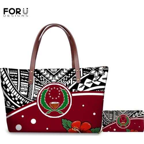 FORUDESIGNS Polynesian Pohnpei Beautiful Hibiscus Flower Prints Ladies Tote Shoulder Bag for Women Purse 2Pcs/Set Handbag&Wallet