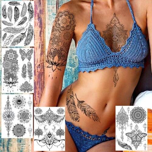 FANRUI Indian Black Women Henna Temporary Tattoo Stickers Waterproof Mehndi Feather Fake Tatoos Body Art Mandala Flower Tattoos