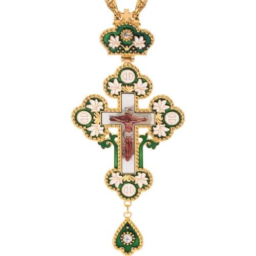 Catholic Cross Pectoral Necklace Green Enamel Oil Flower Necklace Christian Church Priest Crucifix Orthodox Religious Icons Gift