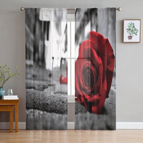 Rose Red Flowers Retro Street Sheer Curtain for Living Room Bedroom Kitchen Modern Tulle Window Treatment Home Decor