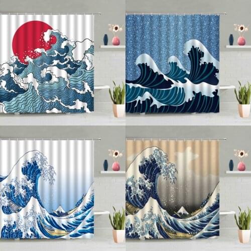 Creative Blue Ocean Wave Shower Curtain Ocean Natural Scenery Background Cloth Bathtub Decoration Screens Washable With Hooks