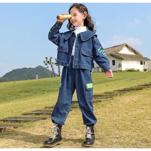 Fashion New Quality Denim Jackets Coat And Pant 2Pcs Set For 4 6 8 10 14Yrs Spring Autumn Kids Girls Clothes Outfit Blue Color