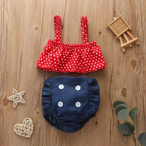 Summer Baby Girl Dot Print Vest Top + Button Denim Shorts Toddler Girl Clothes Set Kids Children Clothing Newborn