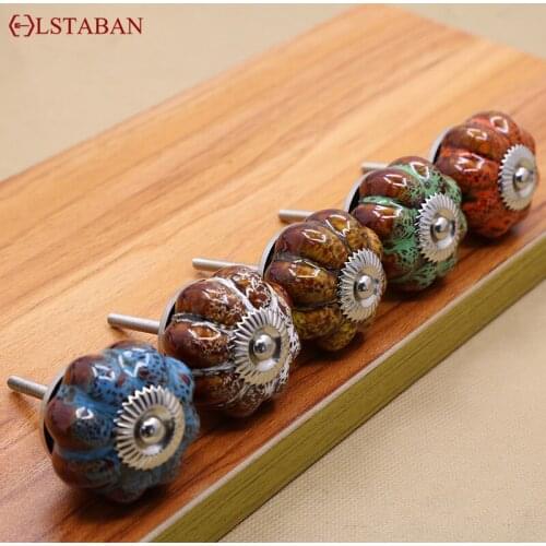 LSTABAN Modern Minimalist Color Leopard Ceramic Through Hole Pumpkin Style Knob Drawer Cabinet Wardrobe Furniture Handle