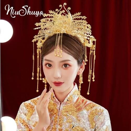 NiuShuya Retro Bride Headwear Golden Peacock Costume Headdress Chinese Phoenix Coronet Hair Ornament Cheongsam Stage Hair Tiara