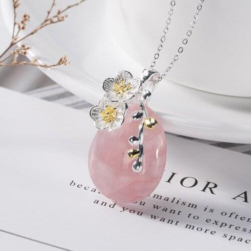 2018 New Real 925 Sterling Silver Pendant Necklace Chain Jewelry For Women,Elegance Pink Crystal Flower Original Fine Jewels