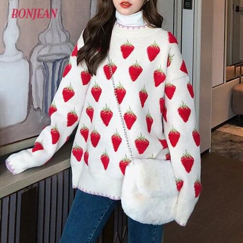 2020 Harajuku Winter New Peach Heart Sweater Women Loose Autumn Korean Oversized Sweater Strawberry Dress
