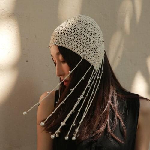 202103- YC2108 new Bell Pearl Nightclub queen fringe Retro Fairy Hand crochet lady bucket cap women fishermen hat