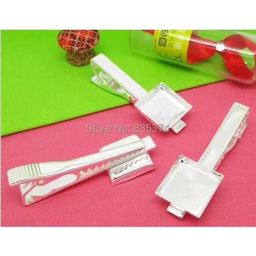 Wholesale 50pcs Silver Plated Tie Clips Jewelry with inner 16mm Square Bezel Setting tray for Cameo Cabochons