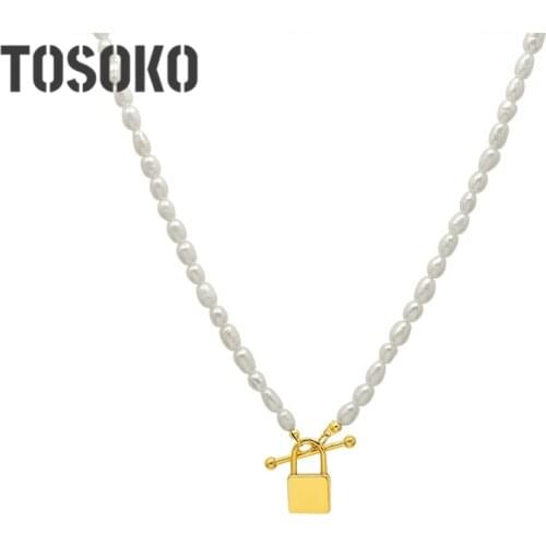 TOSOKO Stainless Steel Jewelry OT Button Natural Freshwater Pearl Necklace Womens Lock Pendant Elegant Clavicle Chain BSP90