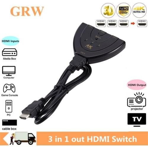 GRWIBEOU 4K HDMI Switcher 4K*2K 3D Mini 3 Port HDMI Switch 4K Switcher HDMI Splitter 3 in 1 out Port Hub for DVD HDTV Monitor PC