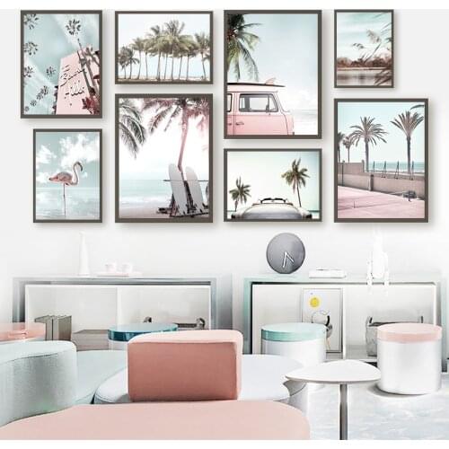 Pink Flamingo Car Green Palm Tree Sea Beach Wall Canvas Painting Nordic Posters And Prints Wall Pictures For Living Room Decor