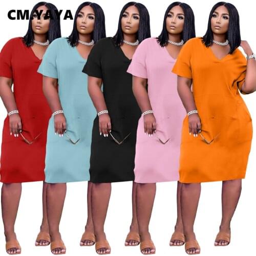 CM.YAYA Women with Pocket V-neck Short Sleeve Plus Size Slim Dress Fashion Streetwear Solid Dresses