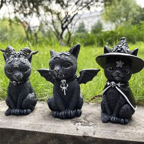 Magic Cat Resin Statue Black Vampire Kitty Demon Cat Halloween Garden Decoration For Lawn Desktop Home Ornament Figurine