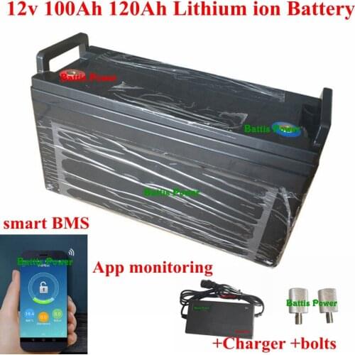 Waterproof 12V 100AH 120Ah lithium ion battery 12V BMS with bluetooth for solar system electric boat RV solar panel +10A Charger
