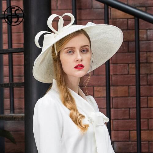 FS Beige White Hats For Women Elegant Church Sinamay Fascinators Wedding Linen Fedora Ladies Large Wide Brim Kentucky Derby Hat