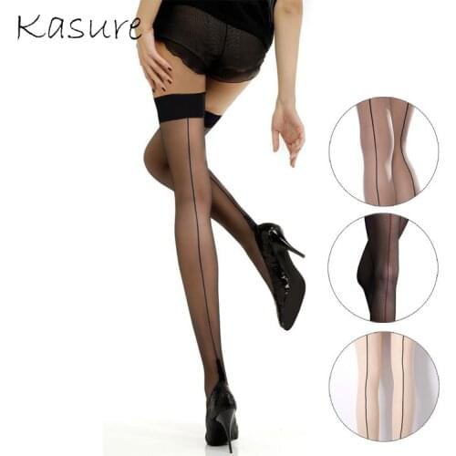 KASURE Women Basic Sexy Fishnet Thigh With Backseam High Transparent Mesh Stockings Female Ladies