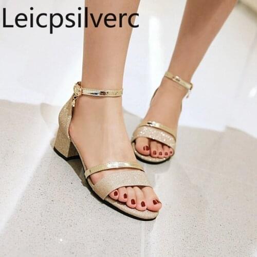 Womens Sandals summer The New fashion Open toe Buckle Crystal Thick heel mid heel Womens shoes plus size 33-49