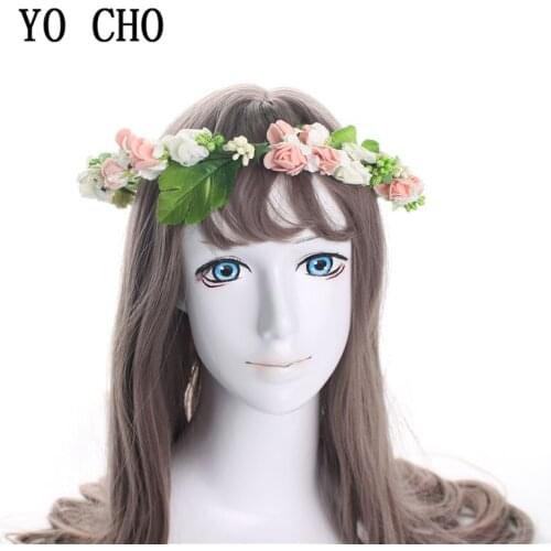 YO CHO Wreath Artificial Garland Flower Headband Women For Wedding Floral Headband Hair Band Wedding Party Prom Festival Decor