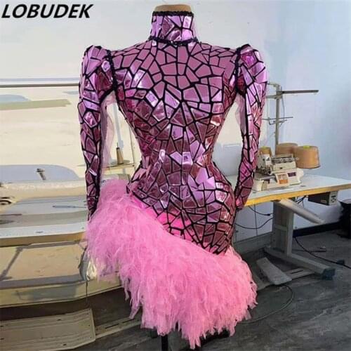 Irregular Pink Laser Sequins Tassel Short Dress Women Singer Dancer Stage Performance Costume Birthday Celebrate Prom Outfit