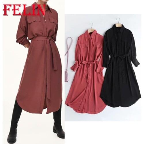 Za Fashion Women Silk Midi Chic Dress Spring 2021 Sashes Long Sleeve Office Lady Dresses Female Elegant Vintage Mujer Vestidos